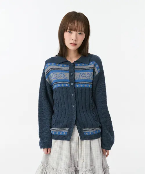 [OHESHIO] Snail Graphic Knit Cardigan, Navy
