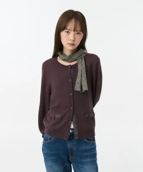 [OHESHIO] COLOR BLOCK POCKET KNIT CARDIGAN, PURPLE