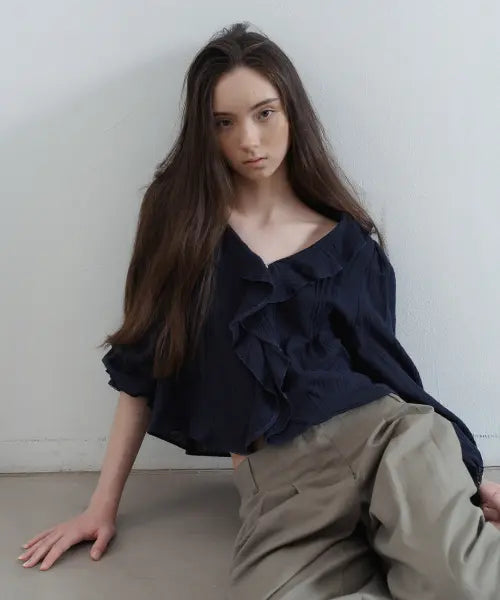 [FOETO] Sepia Ruffle Blouse - Navy
