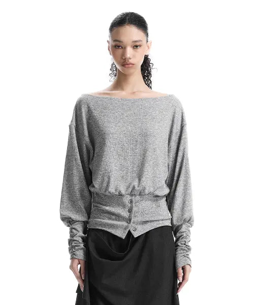 [TREEMINGBIRD] Banded-Waist Blouson Top [ Melange Gray ]