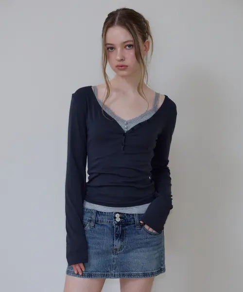 [ROSEFRANTZ] Basic V-neck Long Sleeve [Charcoal]