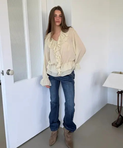 [ASURA] RUFFLE CHIFFON BLOUSE (BEIGE)