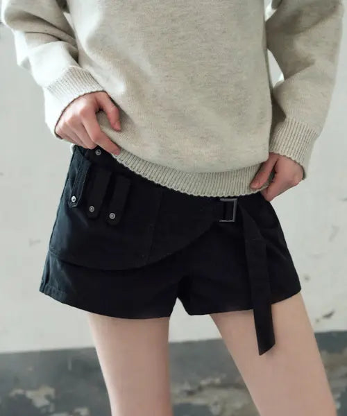 [LEATHERY] Essential Curved Denim Pants [BLACK] / 나폴레옹 벨티드 쇼츠 [BLACK]