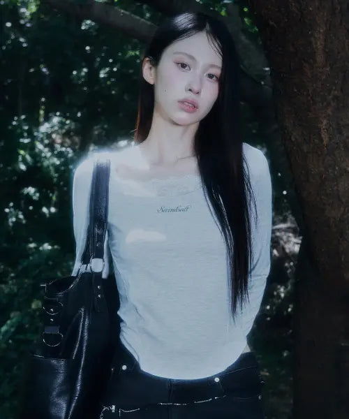 [SECONDSALT] SCOOP-NECK LACE-LAYERED SLIM LONG SLEEVE TOP (MELANGE GREY) / 스쿱넥 레이스 레이어드 슬림 롱 슬리브 (멜란지그레이)