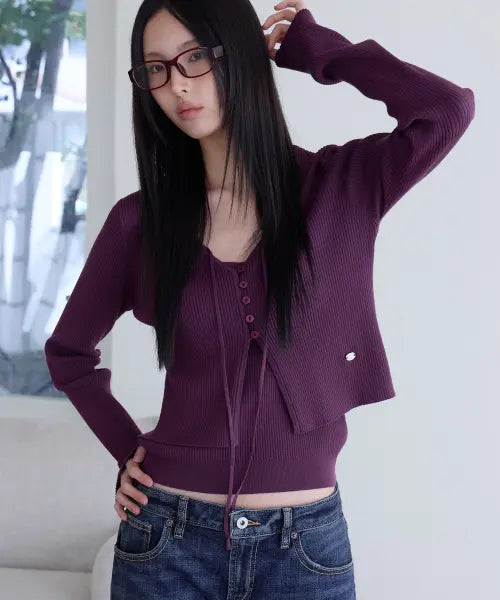 [LONDONDADA] Slim Rib Knit Top\u0026Cardigan Set, PURPLE