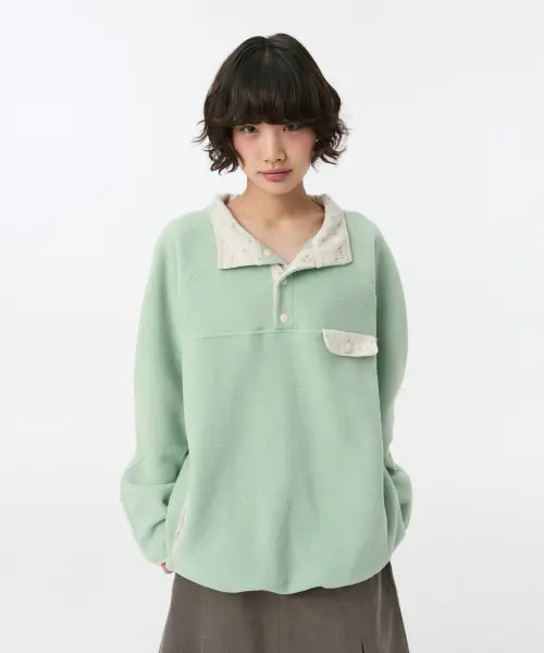 [OHESHIO] Floral Contrast Fleece Pullover, Mint