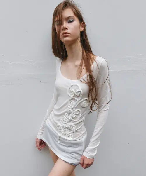 [PHILCE] Rosette Sheer Long Sleeve, Ivory
