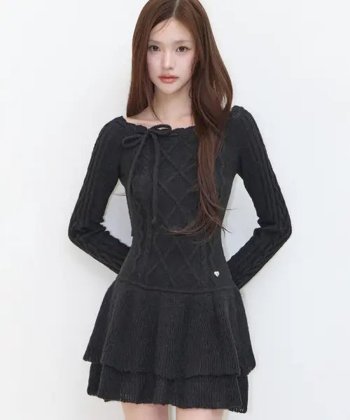 [ILLIGO] OFF SHOULDER TIERED DRESS BLACK / 오프숄더 캉캉 원피스 블랙
