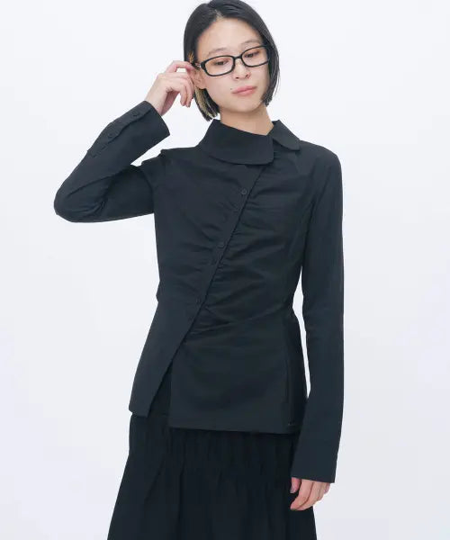 [MISEKI SEOUL] Asymmetric shirring button shirt BLACK / [레이 PICK] Asymmetric shirring button shirt BLACK