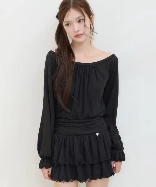 [ILLIGO] BOAT NECK SHIRRING MINI ONE-PIECE BLACK / 보트넥 셔링 미니 원피스 블랙
