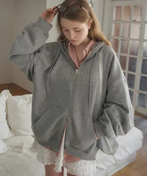 [HAINT] LOOSE FIT EMBROIDERY TWOWAY SWEAT HOODIE ZIP-UP 2COL_GRAY
