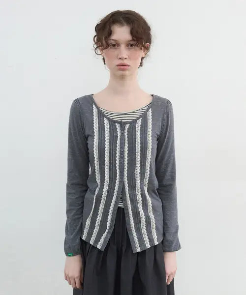 [NOCONTENT] Pintuck Lace Cardigan_Melange Charcoal / 408.핀턱 레이스 가디건_멜란지 차콜
