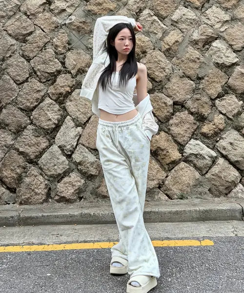 [SINOON] Double Floral Artwork Jogger Pants (Yellow)