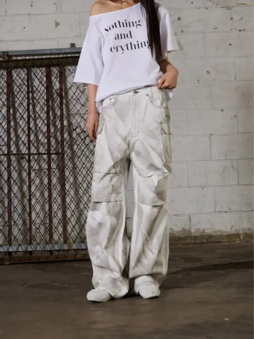 [VADEFY] Dirty Washed Wide Cargo Denim Pants - White / 더티워싱 와이드 카고 데님 팬츠 - 화이트