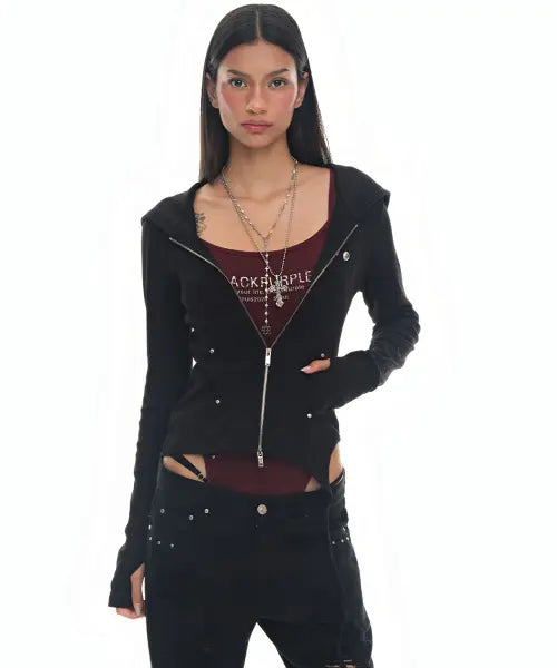 [BLACK PURPLE] Dark Flow Zip-Up Hoodie_Black / 다크 플로우 언발 후드 슬림 Dark Flow Zip-Up Hoodie_Black 집업_블랙