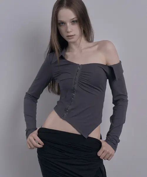 [DAMIO] One Shoulder Shirring Collar Top (Charcoal)