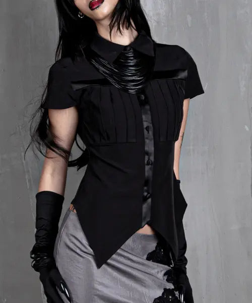 [DARLING, YOU'RE BAD] Cross Pleated Shirt #Black