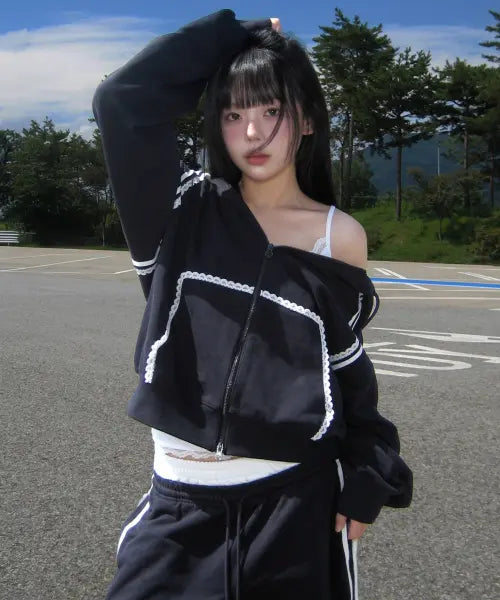 [YOUHEE] LACE TRIMMED HOOD ZIP-UP_NAVY / [아네딘X유희] LACE TRIMMED HOOD ZIP-UP_NAVY