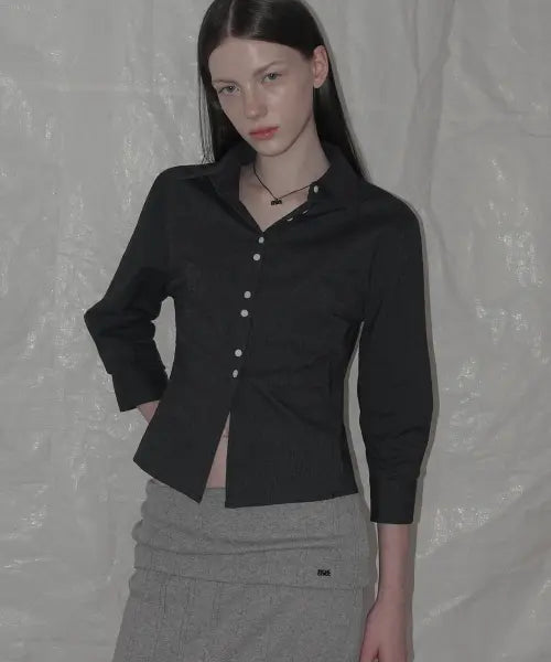 [GROWHIDE] Titon Double Button Slim 3/4 Shirts - Charcoal / 티톤 더블 버튼 슬림 7부 셔츠_차콜