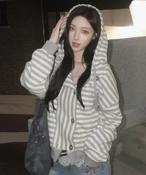 [OURSAYSOUR] OUR Star Button Stripe Hooded Zip-Up (Melange/Ivory Stripe) / OUR 스타 버튼 스트라이프 후드집업 메란지/아이보리 스트라이프