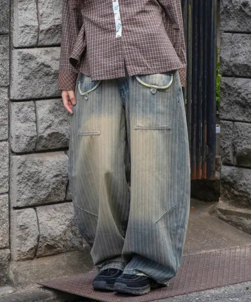 [RuNaKi'Hu'] Peekaboo Check Color Block Wide Denim Pants (Vintage Blue) / WXP091 빼꼼 체크 배색 데미지 와이드 데님 팬츠 (VINTAGE BLUE)