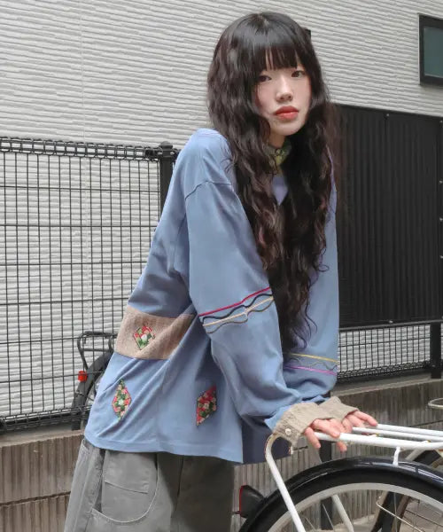 [RuNaKi'Hu'] WXT108 Iori Knit Colorblock Long Sleeve (Blue) / WXT108 이오리 니트 배색 롱슬리브 (BLUE)