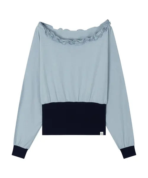 [UGLYSHADOW] OFF-SHOULDER RUFFLE TOP(BLUE) / 오프숄더 러플 탑(블루)