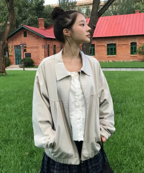 [LETTER FROM MOON] Dope Shirring Cotton Bomber Jacket (Light Gray) / 도프 셔링 코튼 봄버 자켓 ( 라이트그레이 )