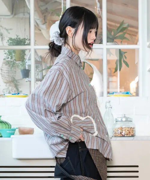[RuNaKi'Hu'] WXTS014 Kumoasi Stripe Shirt (Brown) / WXTS014 쿠모아시 스트라이프 셔츠 (BROWN)