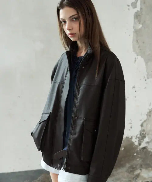 [LEATHERY] High Neck Leather Blouson Jacket [D.BROWN] / 하이넥 레더 블루종 자켓 [D.BROWN]