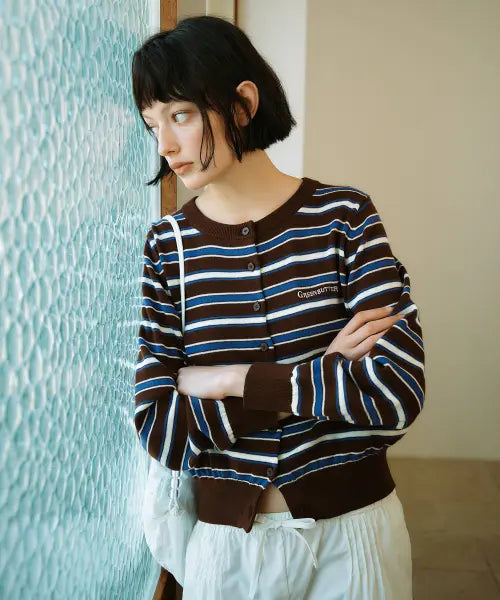 [GREENBUTTER] Easy-Care Stripe Cardigan (Brown)