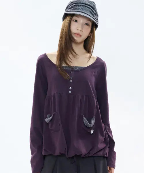 [BAUF] Star Pocket Shirring Long Sleeve [Purple] / 스타 포켓 셔링 롱슬리브 [퍼플]