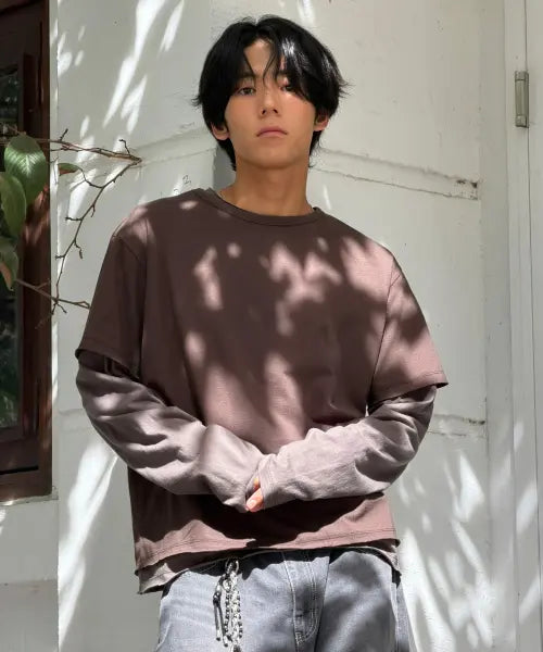[SUPERSUB] [SET] Vintage Color-Block Layered Long-Sleeve T Shirt Homewear Set-Brown/Dusty Gray / [SET]빈티지 배색 레이어드 긴팔 티셔츠 세트-브라운/더스티그레이