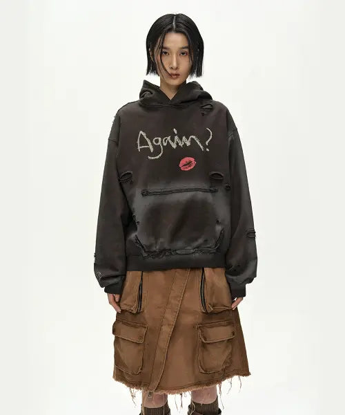 [ADSB ANDERSSON BELL] (ESSENTIAL) UNISEX SPRAY WASHED AGAIN LIP HOODIE (BROWN)