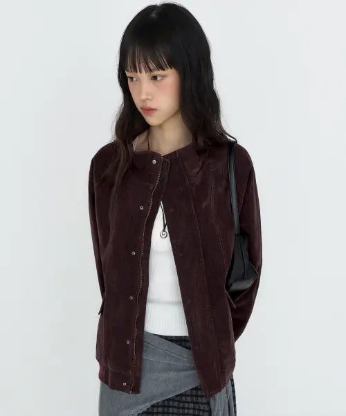 [MONGDOL] High-Neck Washed Leather Blouson Jacket Burgundy MDJK051BURGUNDY / 하이넥 워싱 레더 블루종 자켓 버건디 MDJK051BURGUNDY