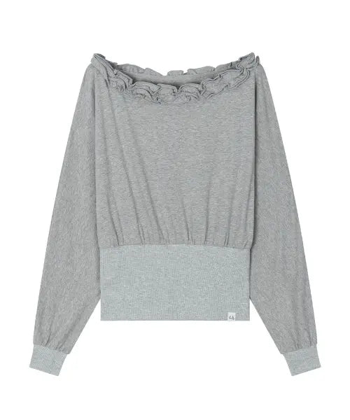 [UGLYSHADOW] OFF-SHOULDER RUFFLE TOP(GREY) / 오프숄더 러플 탑(그레이)