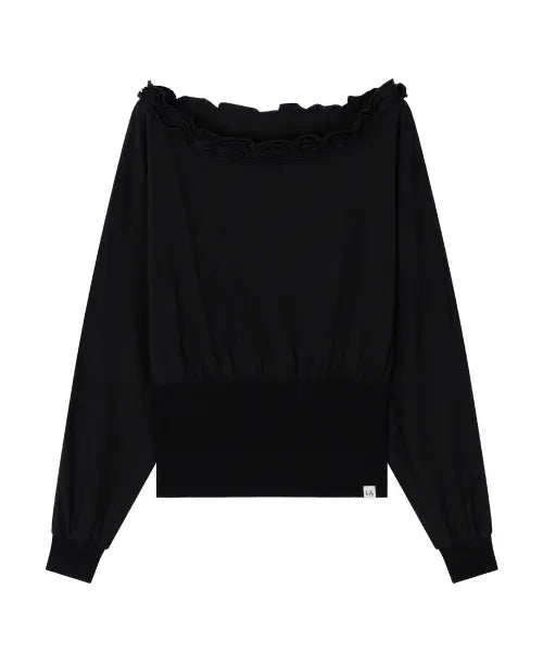 [UGLYSHADOW] OFF-SHOULDER RUFFLE TOP(BLACK) / 오프숄더 러플 탑(블랙)