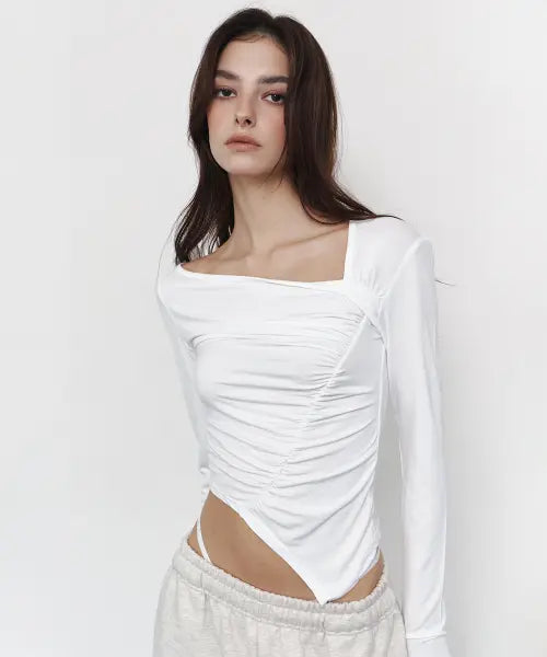 [PLEASENOFOLLOW] Sadie Unbal Shirring Long Sleeve Top (White)