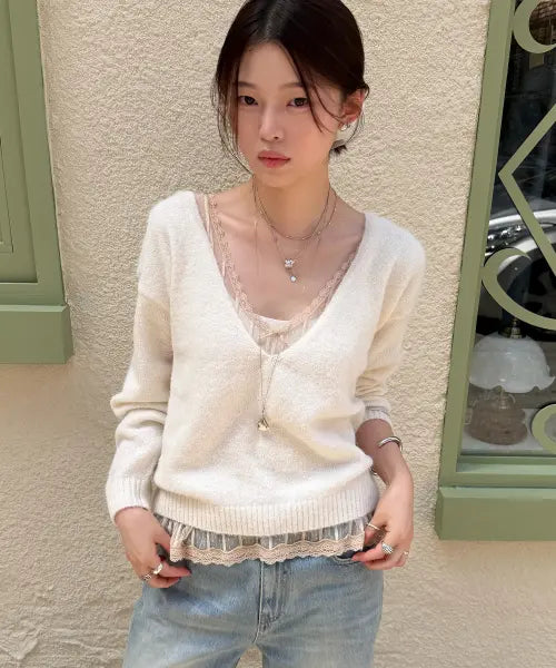 [CHERI AUBE] Powder Deep V Neck Knit-Cream / 파우더 딥 브이 넥 니트-크림