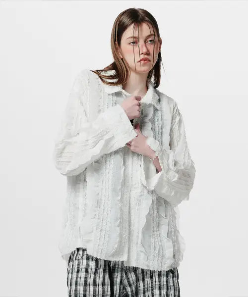 [HOLYNUMBER7] Raw Edge Detail Ruffle Shirt _ White / 로우 엣지 러플 디테일 셔츠_화이트