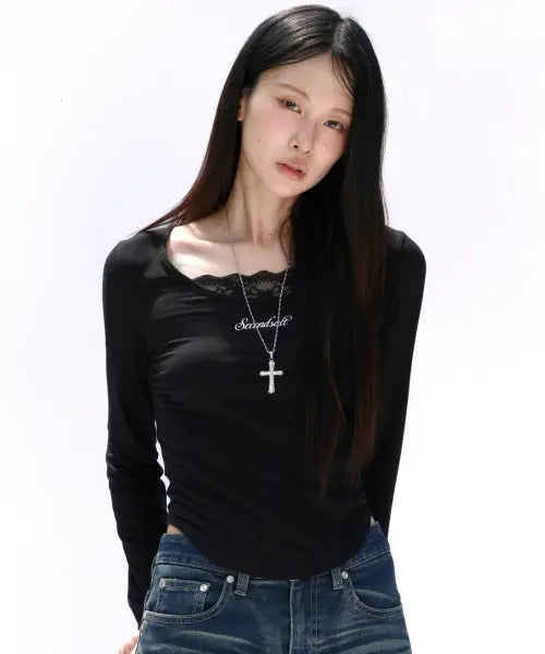 [SECONDSALT] SCOOP-NECK LACE-LAYERED SLIM LONG SLEEVE TOP (BLACK) / 스쿱넥 레이스 레이어드 슬림 롱 슬리브 (블랙)