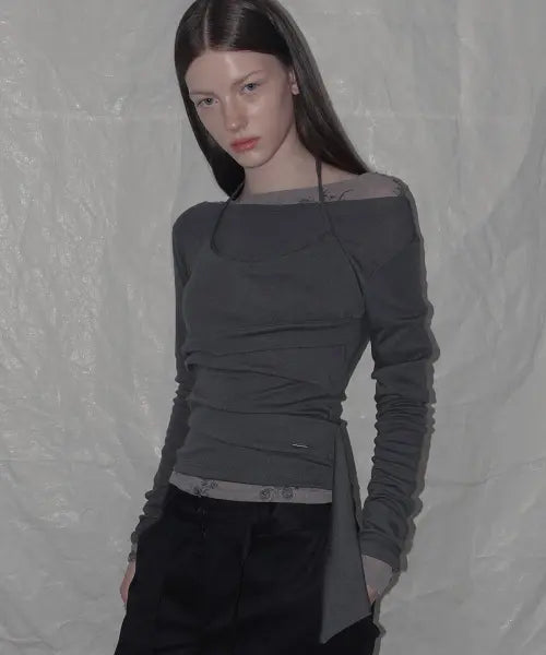 [GROWHIDE] WHIZ Asymmetric Layered Boat-Neck Long-Sleeve T Shirt_Charcoal / 위즈 언발 레이어드 보트 긴팔 티셔츠_챠콜
