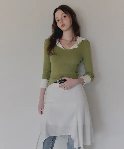 [TWEE] Bellon Collar Color-Block 7/10 Sleeve Knit / 벨론 카라 배색 7부 니트