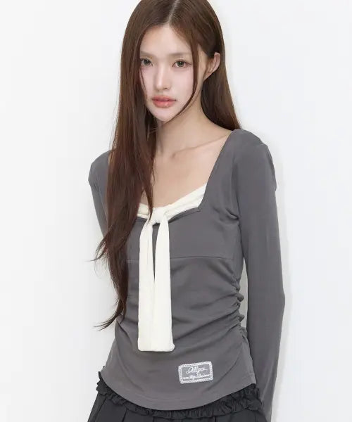 [ILLIGO] LAYERED RIBBON TIE LONG SLEEVE CHARCOAL / 레이어드 리본 타이 롱슬리브 차콜