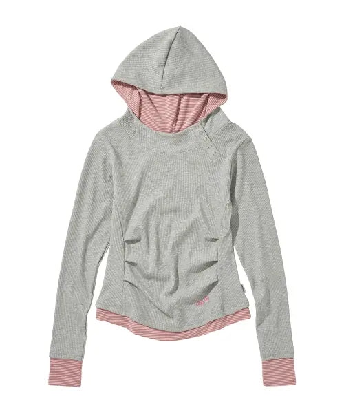 [OURSAYSOUR] Layered Button Pintuck Slim Hoodie Melange / 레이어드 버튼 핀턱 슬림 후드 메란지