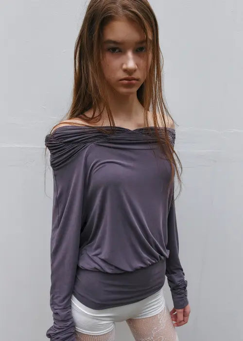[PHILCE] Shirring Off-Shoulder Long sleeve, Charcoal