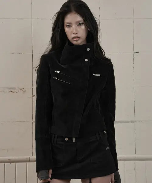 [AS YOU ARE] HIGH-NECK BIKER LEATHER JACKET BLACK / 하이넥 바이커 레더 자켓 블랙
