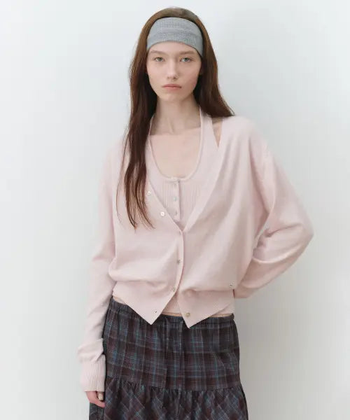[ROLAROLA] V NECK CARDIGAN SET PINK