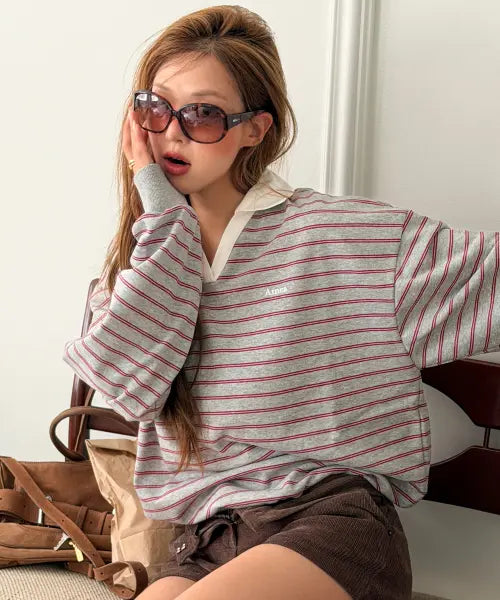 [AMES-WORLDWIDE] V NECK COLLAR STRIPE SWEATSHIRT GREY