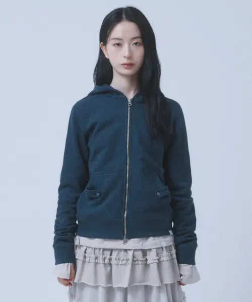 [TUOMIO] SLIM FIT STITCH HOODED ZIP-UP [TEAL]